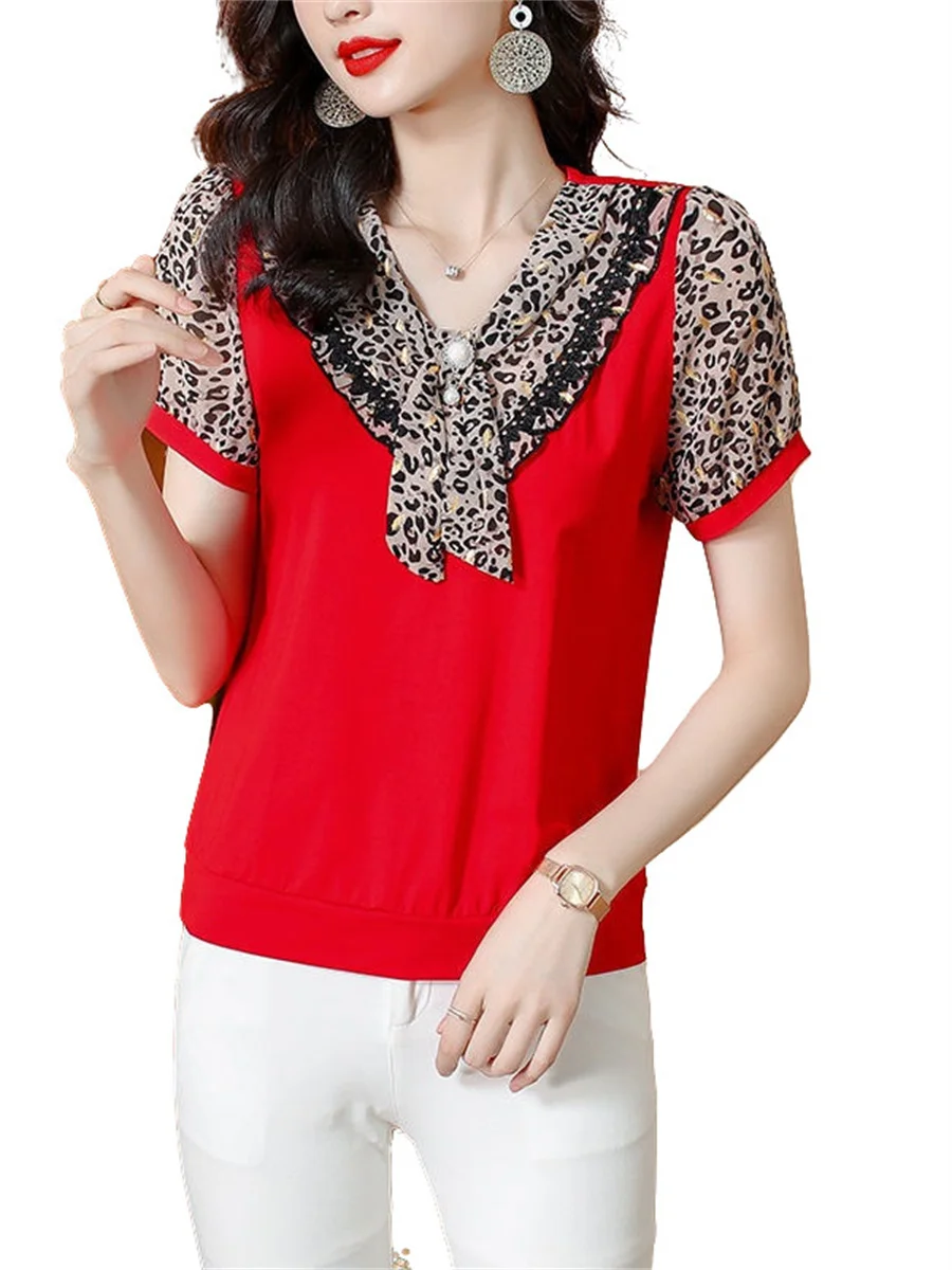 

Женская блузка с коротким рукавом и воротником-бантом, с леопардовым принтом