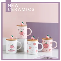 new creative peach pink ceramic cup with bamboo lid and spoon cute coffee mugs and cups home office tea cup kawaii drinkware