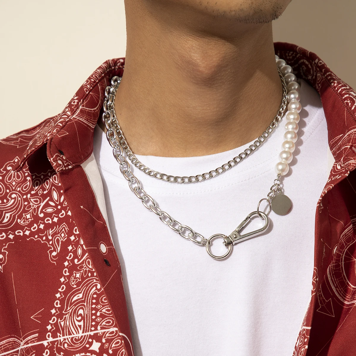 

KunJoe Punk Imitation Pearls Key Buckle Cuban Chain Choker Necklaces Men Hip Hop Layered Silver Color Sequin Pendant Necklace