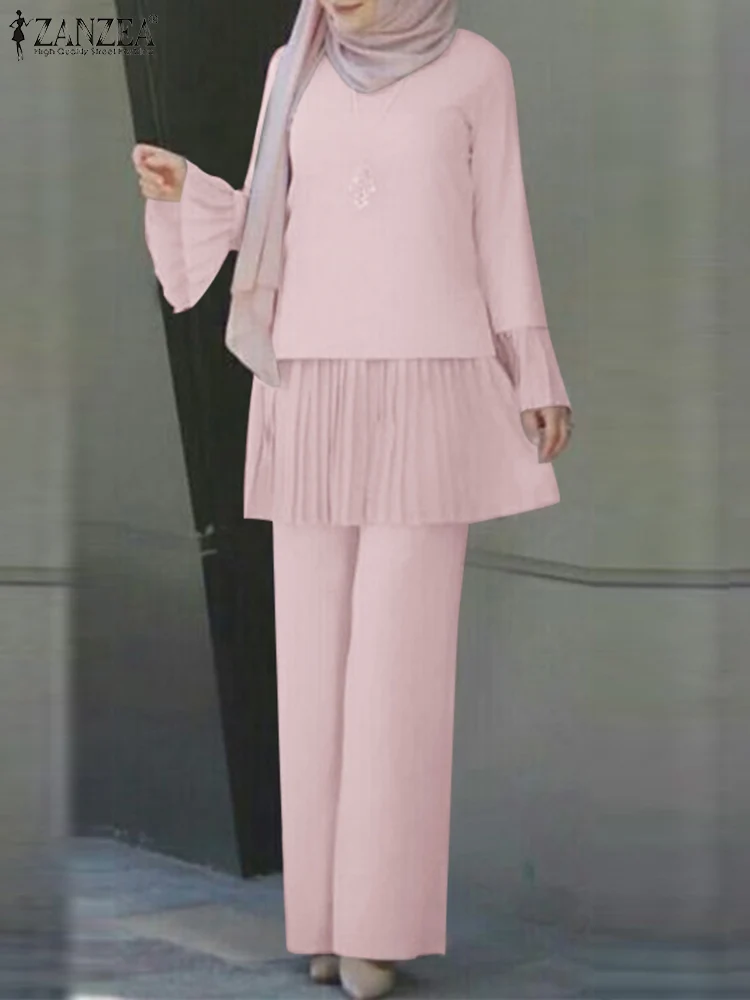 

Autumn Muslim Sets Thin Fashion Patchwork Long Sleeve Blouse Pants Suit Elegant Tracksuit ZANZEA Solid Abayas Set Turkish Kaftan