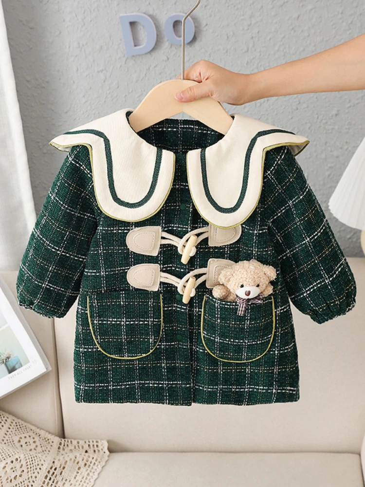 2022 Korean Winter Children Boutique Coat with Button Baby Girls Christmas New Year Outerwear Infant Plaid Jacket Newborn Coats