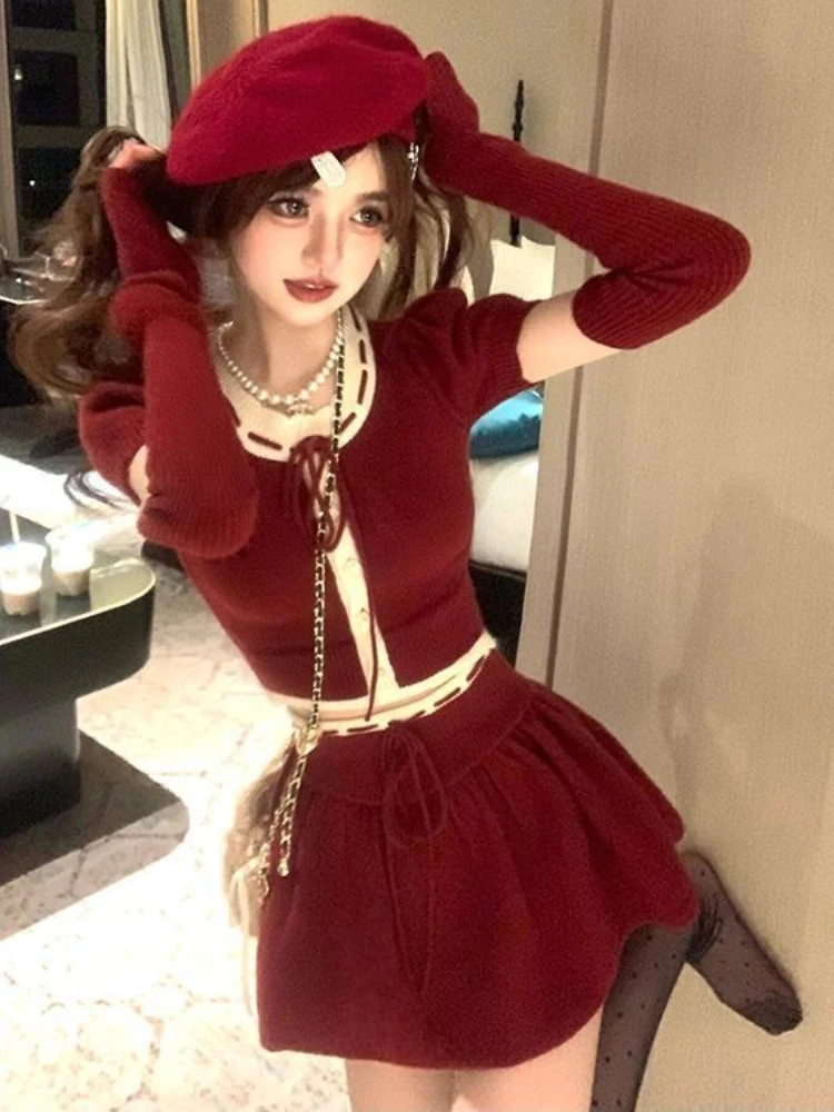 Красный рождественский корейский комплект из 2 предметов женский японский милый