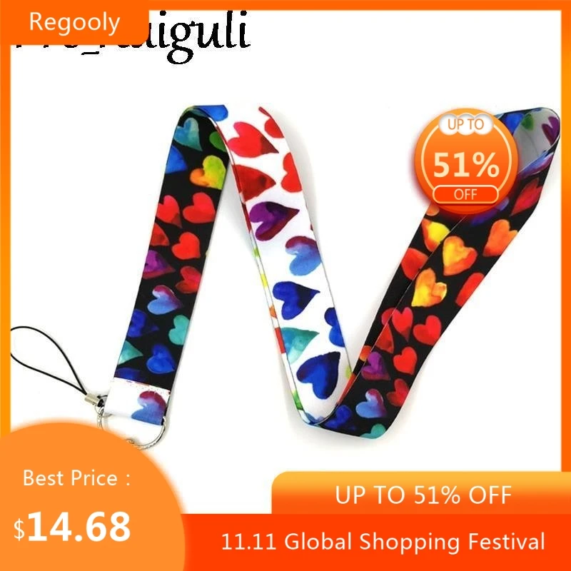 

30pcs Rainbow color heart Neck Strap Lanyards ID badge card holder keychain Mobile Phone Strap Gifts webbings ribbons