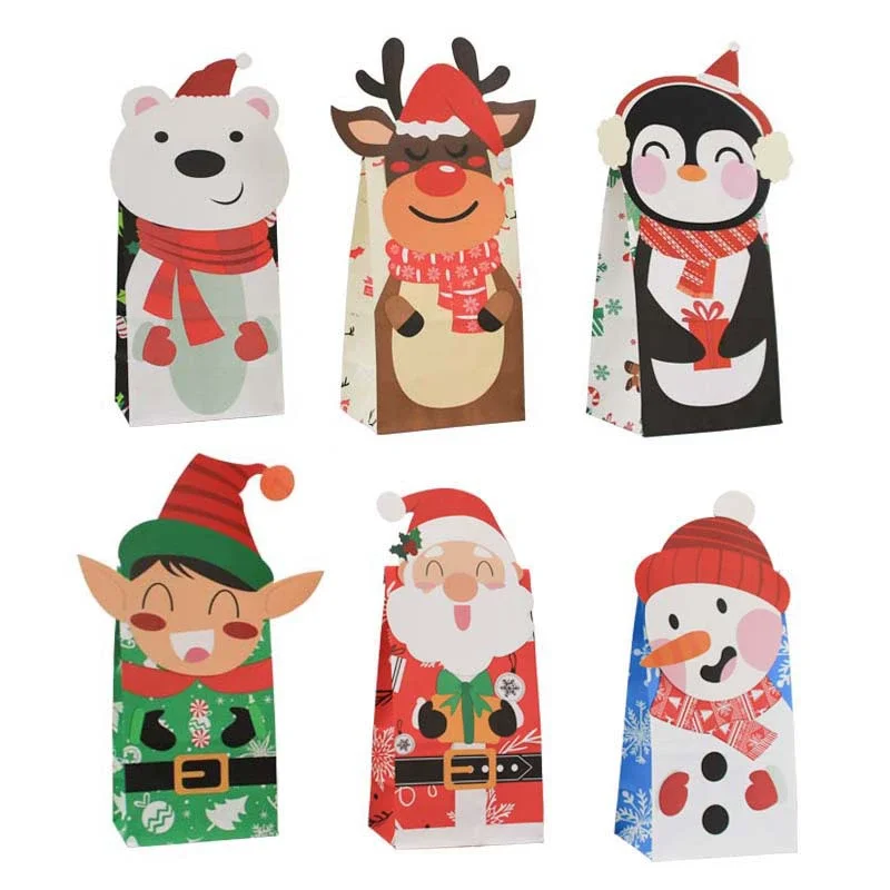 

New 2023 Christmas Treat Bag Santa Claus Kraft Gift Paper Candy Bags Oil Proof Packing Paper Baggies for Xmas Party Supply 24pcs