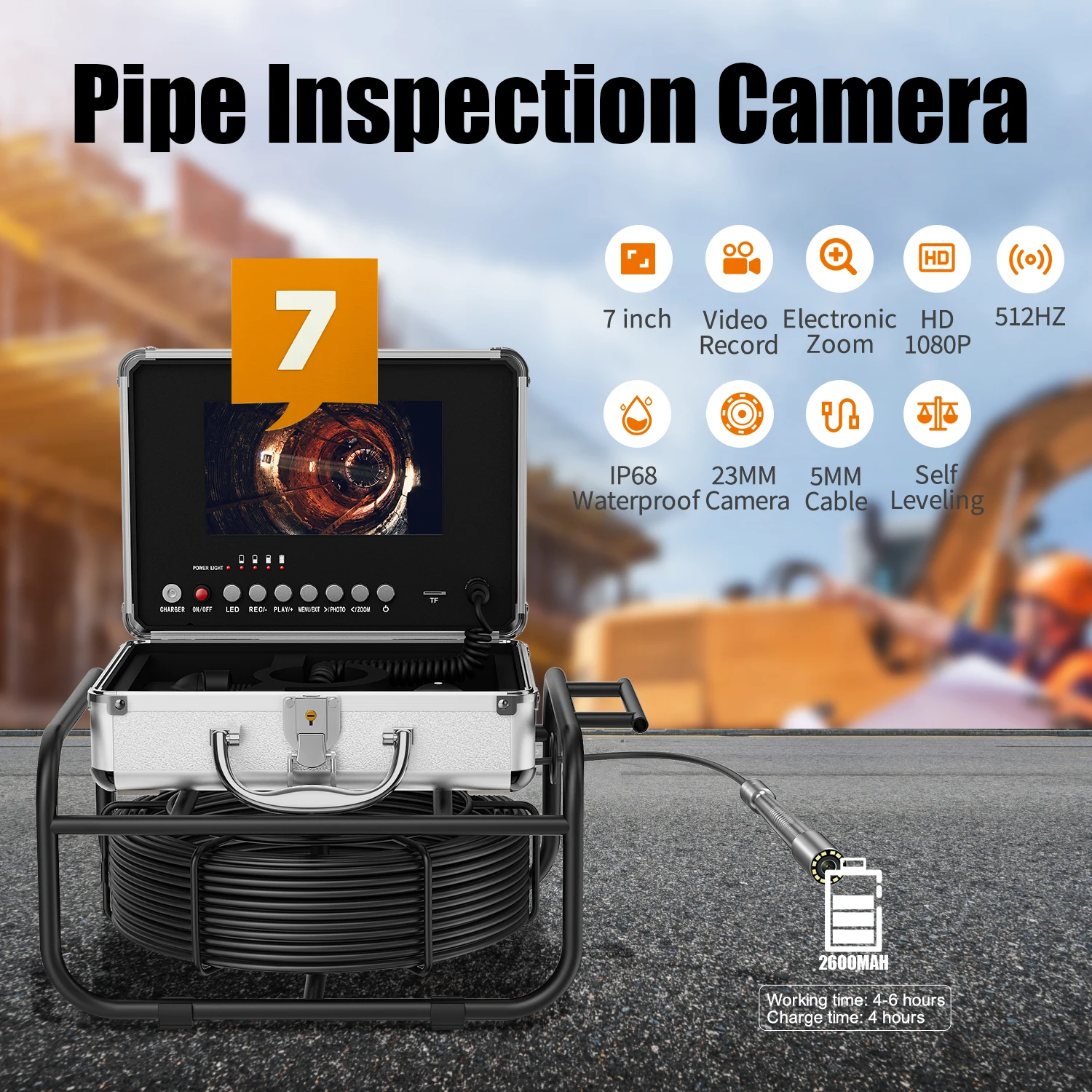 

Sewer Camera with 512HZ Pipe Locator Auto Self Leveling DVR Video Pipe Inspection Endoscope Camera 7" Screen 20M 23mm Tube Lens