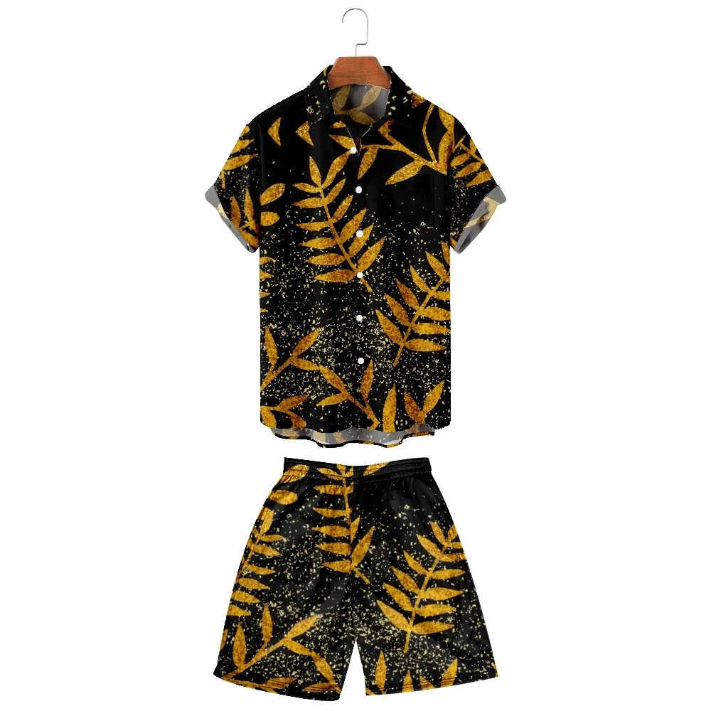 2022 new men's casual breathable Lapel shirt + Beach Shorts Set can be customized for fashion light and thin Golden leaves