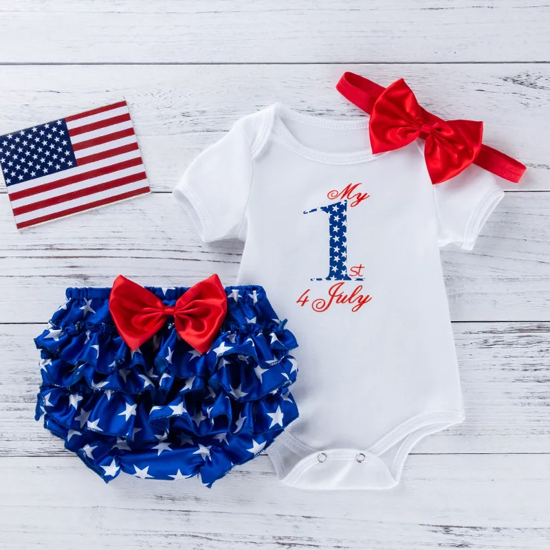

Toddler Infant Independence Day Outfit 0-24M Baby Girl Letter Romper+Bowknot Blue Stars Shorts 2pcs Baby Girl Print Outfit Set