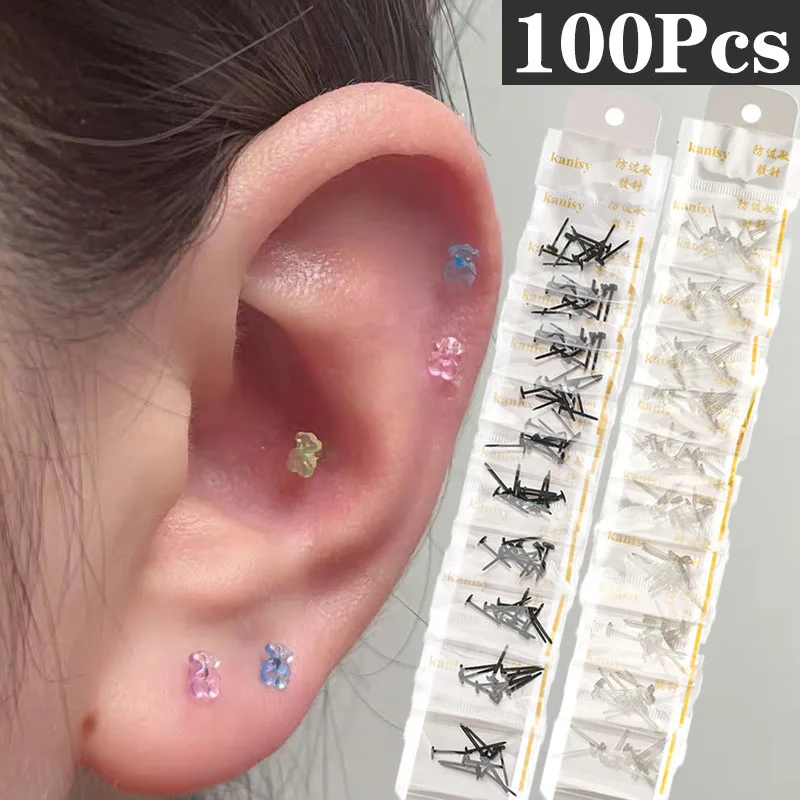 

100Pcs/lot Transparent Plastic Bear Earrings Women Acrylic Anti-allergy Ear Stud Invisible Ear Curing Ear Hole Retainer Jewelry