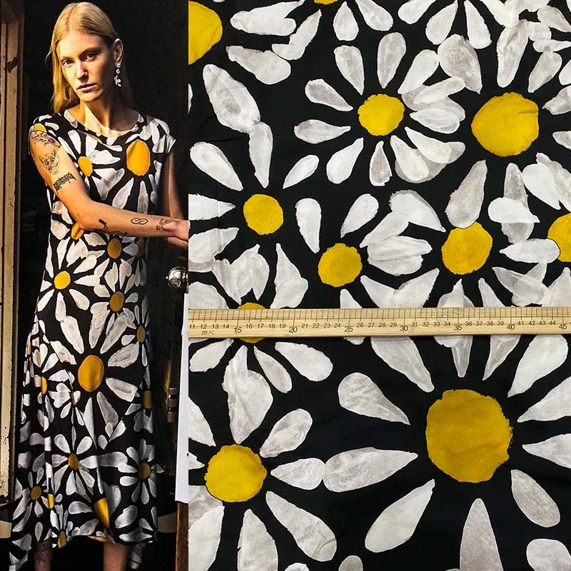 

Новинка 2022, цифровая печать, черно-белая хлопковая ткань с рисунком подсолнуха, одежда для весны и осени, юбка, ткань ручной работы «сделай сам»