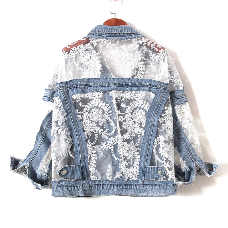 

Floral Embroidered Cutout Lace Panel Denim Jackets Women's Summer Jeans Sun Protection Clothing 2022 New Splice Jean Denim Tops