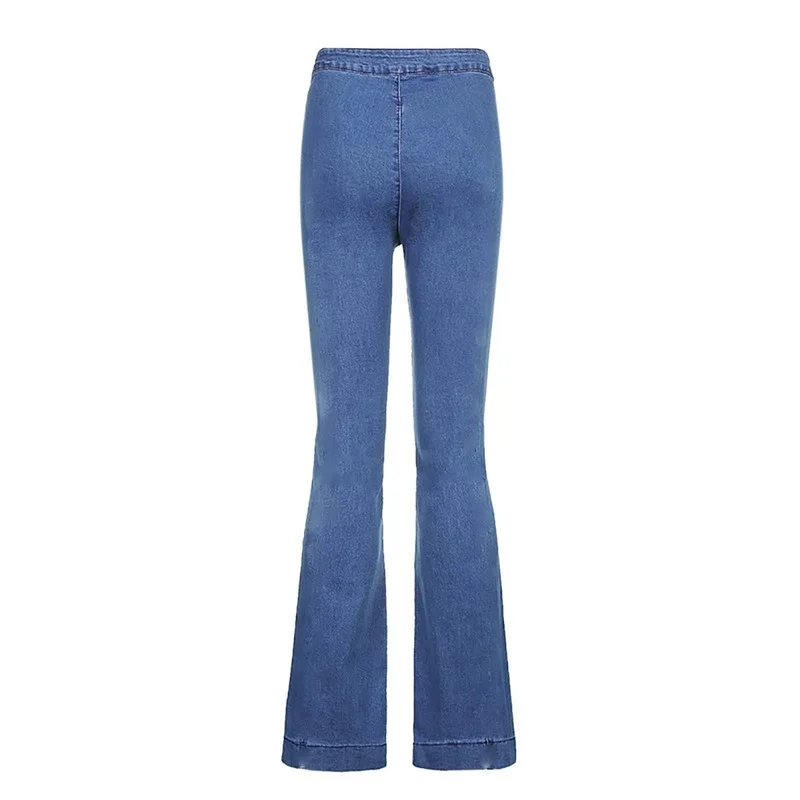 Vintage Women Mid-waist Retro Stitching Trousers Denim Flare Pants Ladies Slim Pocket Wide Leg Jeans Female Solid Classic Pant