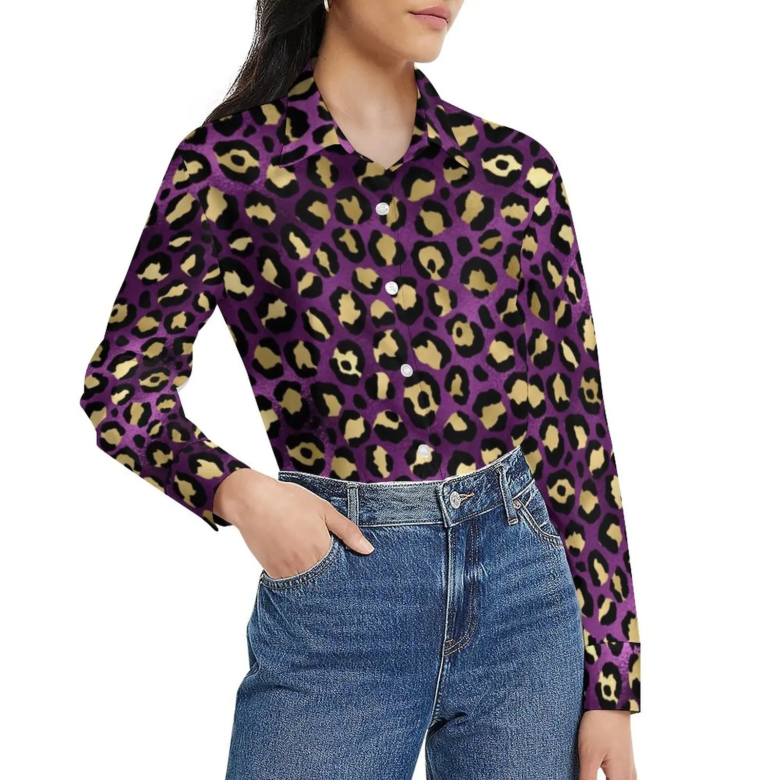 

Purple And Gold Leopard Loose Blouse Animal Print Streetwear Oversize Blouses Women Long-Sleeve Vintage Shirt Summer Custom Tops