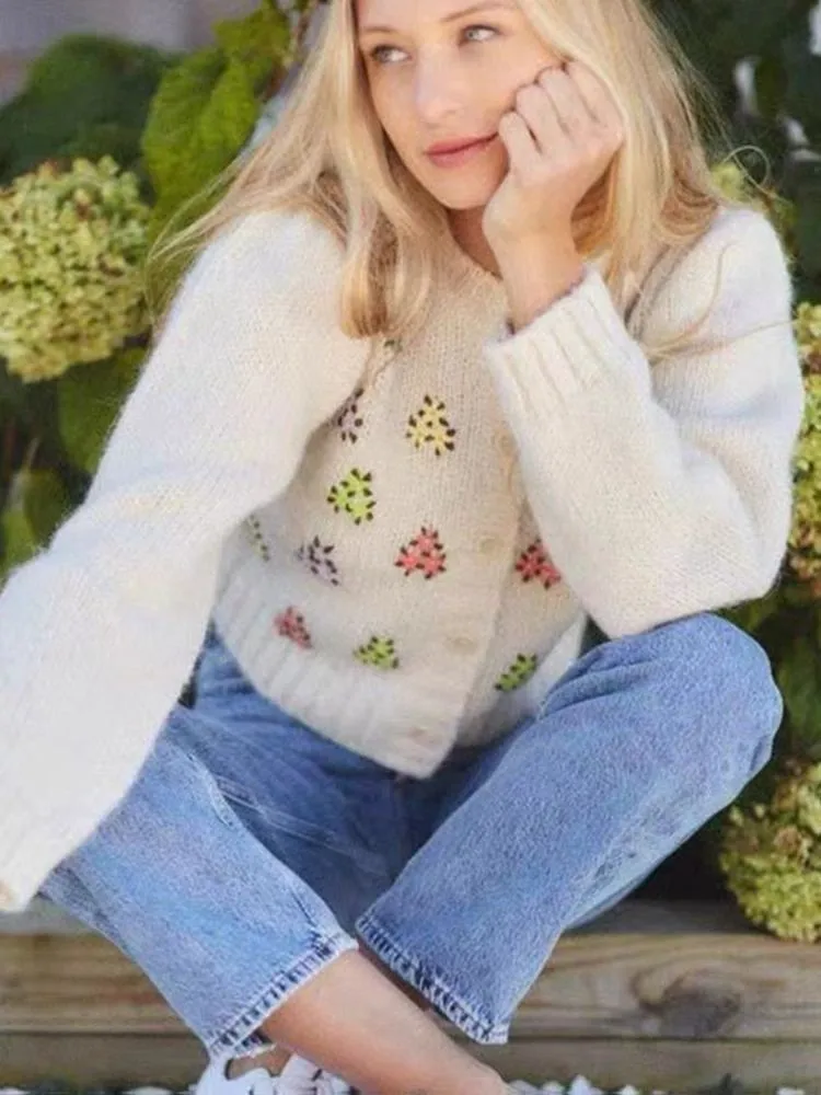 Женский винтажный трикотажный кардиган с вышивкой в виде цветов