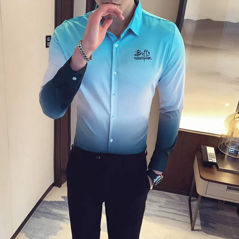 

2021 Gradient Shirt Men Long Sleeve Korean Casual Slim Fit Mens Dress Shirts Formal Social Blouse Streetwear Camisa Masculina