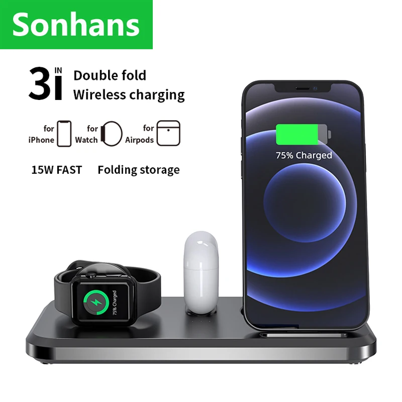 

Беспроводная зарядная станция 3 в 1, 15 Вт, для iPhone 13, 11, 12, XR, 8, Apple Watch 1-7, для Airpods Pro, складная зарядная станция