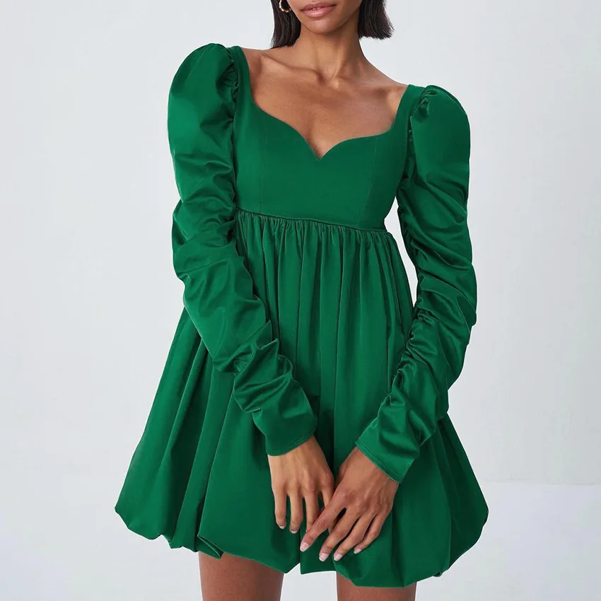 

LEXIE ZHANG Autumn 2021 New Fashion Elegant Lantern Skirt Pile Sleeve Dress Long-sleeved Satin Drooping Green V Collar Girl