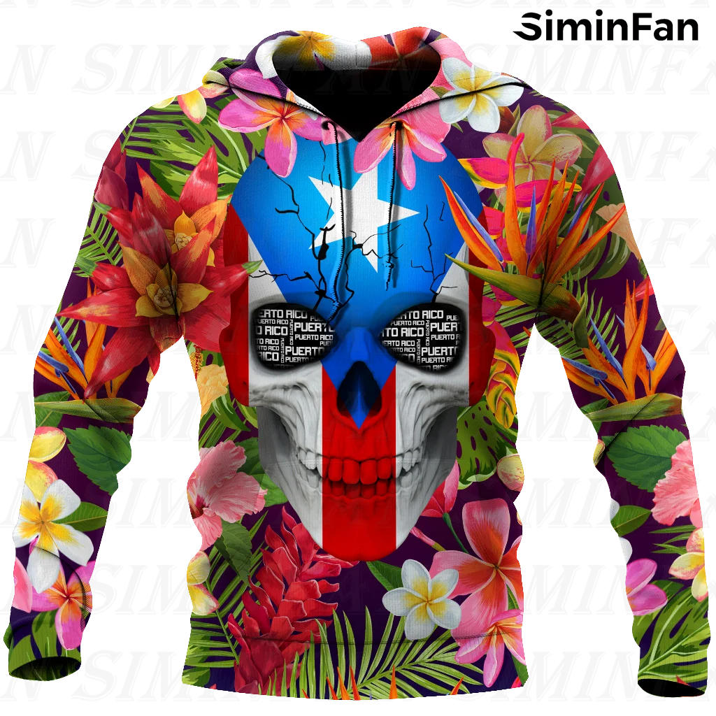 

Puerto Rico Floral Skulls Mens Hoodie 3D Printed Zipper Jacket Hooded Pullovers Unisex Casual Sweatshirt Women Coat Tracksuit