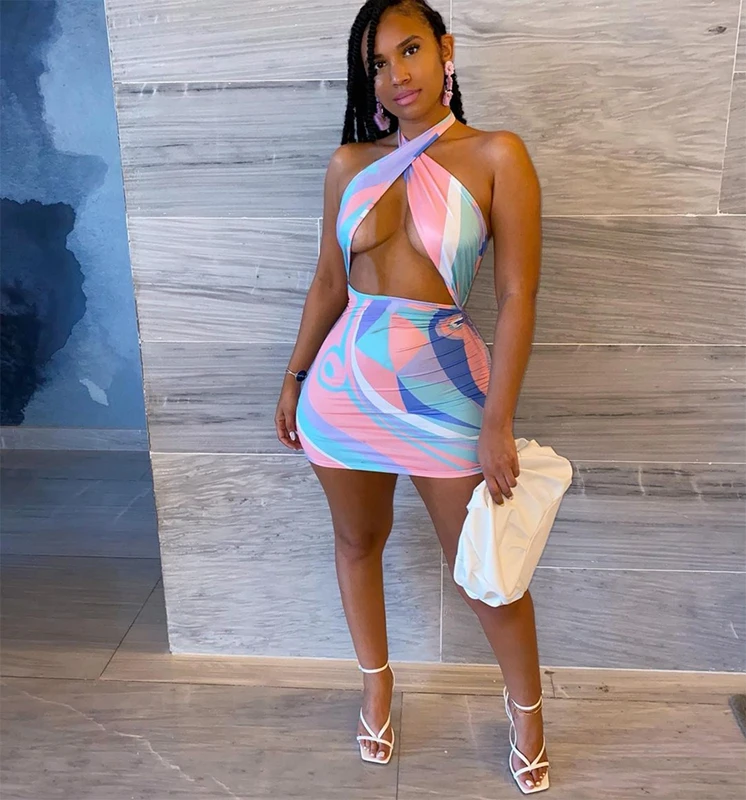

Sexy Rainbow Bodycon Mini Dress Striped Tie Dye Halter Backless Women Boobs Wrap Pencil Party Night Clubwear Summer Vestido Y2k