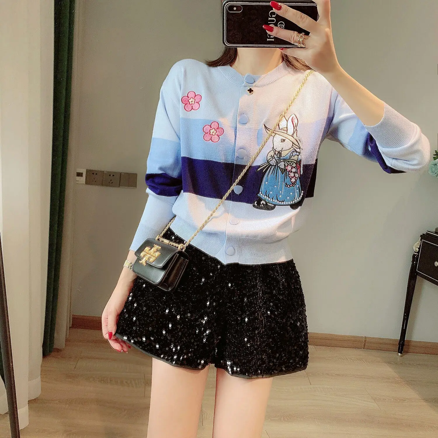 

2023 Spring And Autumn Dress Round Neck Vintage Long Sleeve Stripe Colored Cartoon Pattern Embroidered Knitted Cardigan