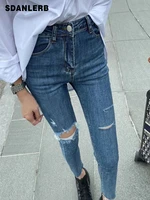 blue holes jeans womens autumn 2022 new stretch tight trousers high waist slimming ankle length ripped denim pencil pants