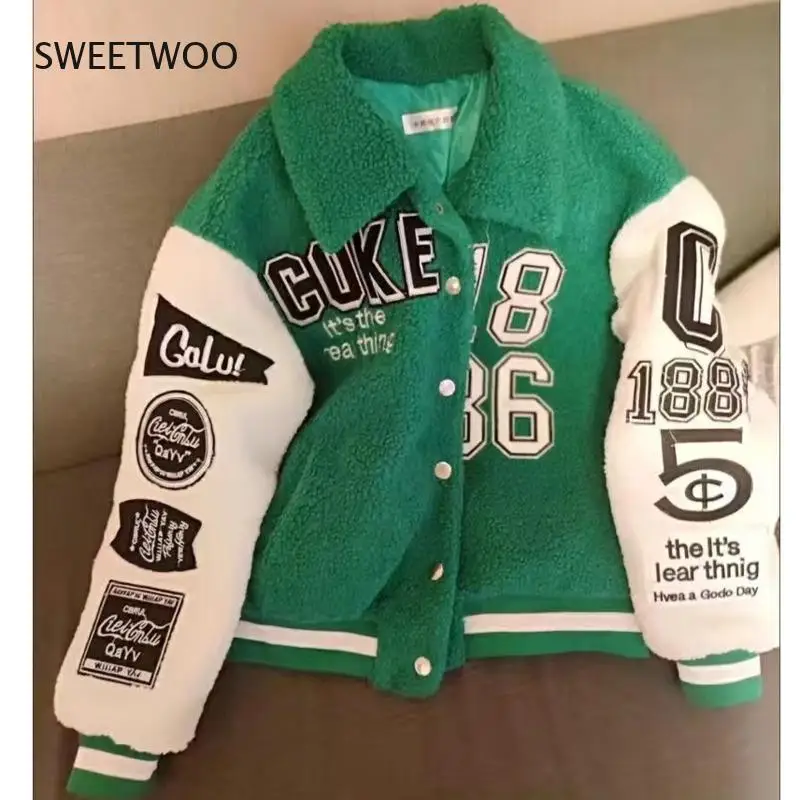 Green Y2K Baseball Coat Winter Coat for Women Faux Teddy Fur Coat Basic Jackets Outerwear Female Fashion Vintage Harajuku Kawaii