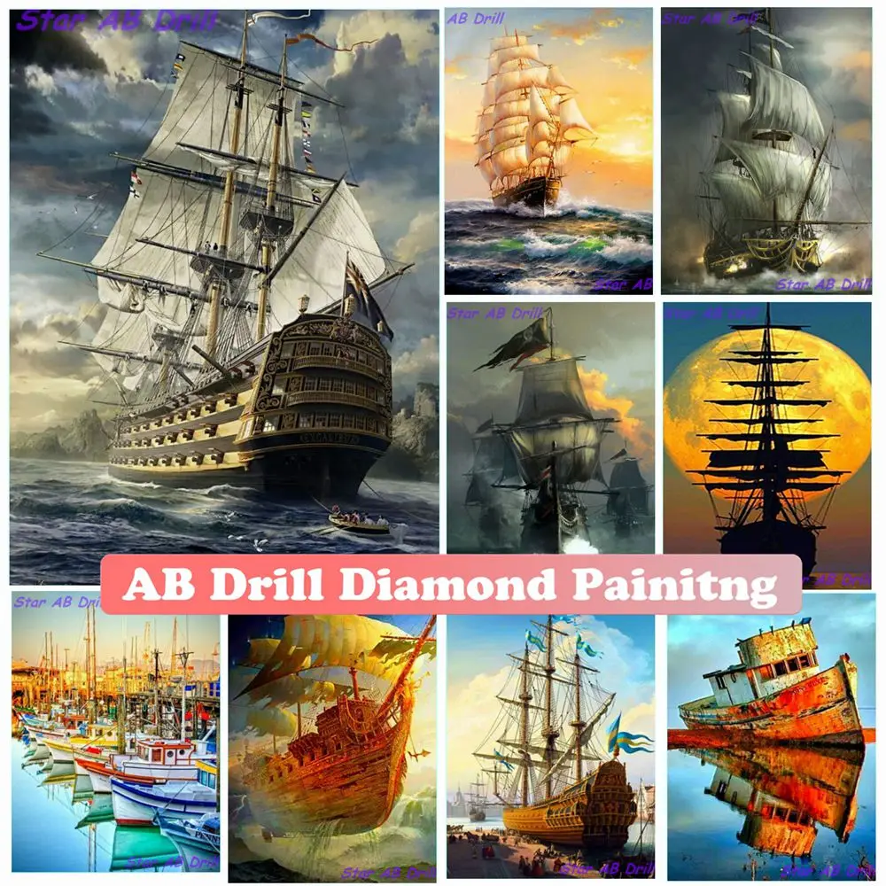

Boat Landscape 5D Diy Diamond Painting Ship Sailing Sea AB Drills Embroidery Mosaic Rhinestones Wall Stickers Cuadros Home Decor
