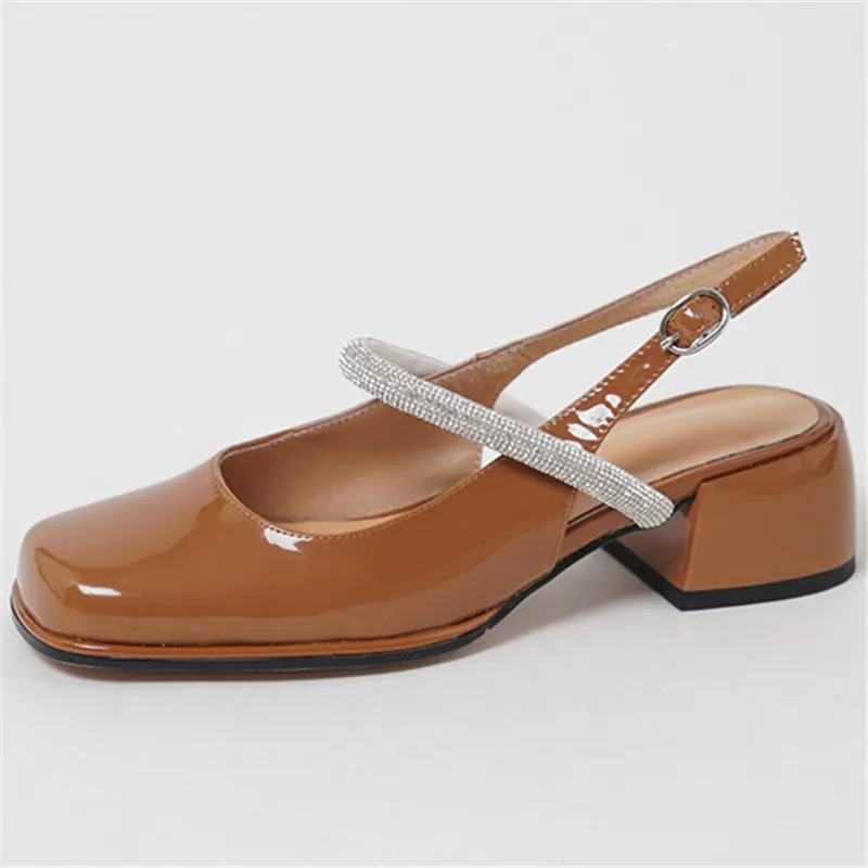 

Dilalula 2022 Size 33-43 New Buckle Patent Leather Women Sandals Slingbacks Square Med Heels Sandals Ladies Dress Shoes