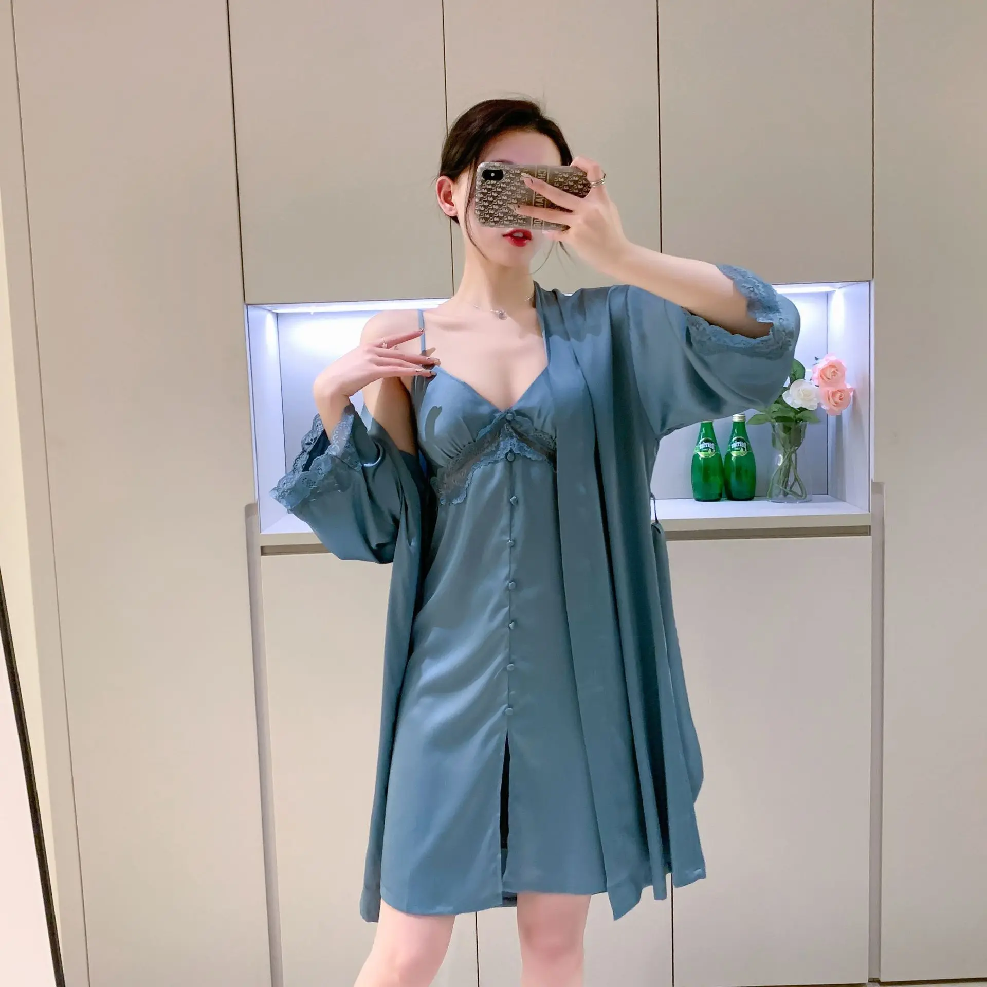 

Women 2PCS Kimono Robe Gown Sets Sexy Lace V-Neck Nightdress Bathrobe Bride Wedding Lingerie Bath Sleepwear Lounge Home Clothes