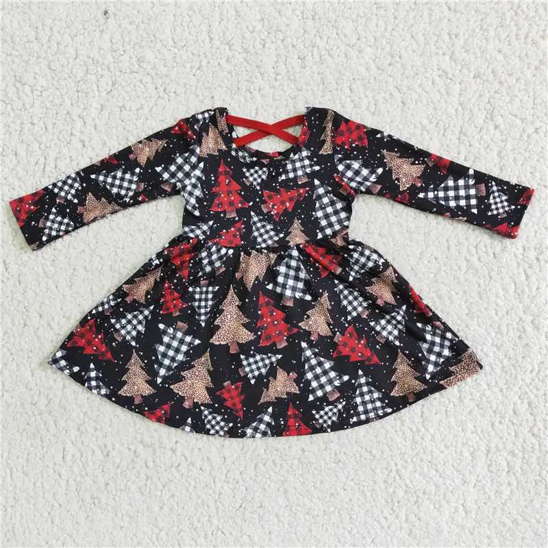 

New Fashion Style Spring Fall Christmas Tree Floral Skirt Boutique Wholesale Kids Long Sleeve Dress Girl's Clothing