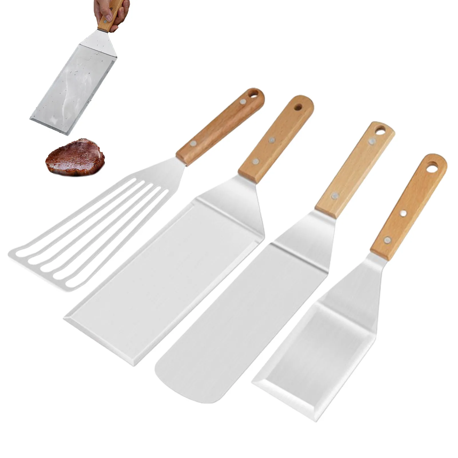 

Griddle Spatula Set Solid Cooking Turner With Wooden Handle Turner Spatula Stainless Steel Tableware For Pancakes Burgers