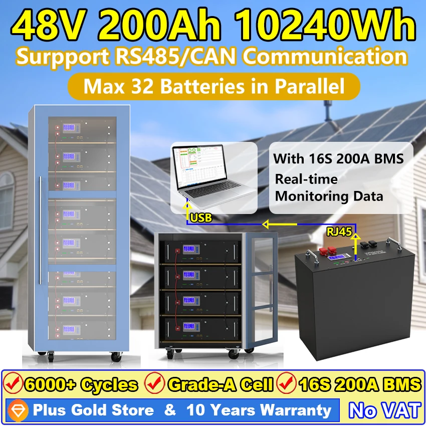 Maximizando la Eficiencia Energética con Baterías LiFePO4 de 48V 1 Batería LiFePO4 de 48V, 200Ah, 150Ah, 100Ah, 51,2 V, 10KWh con RS485 CAN Max 32 piezas en paralelo, batería de fosfato de hierro y litio