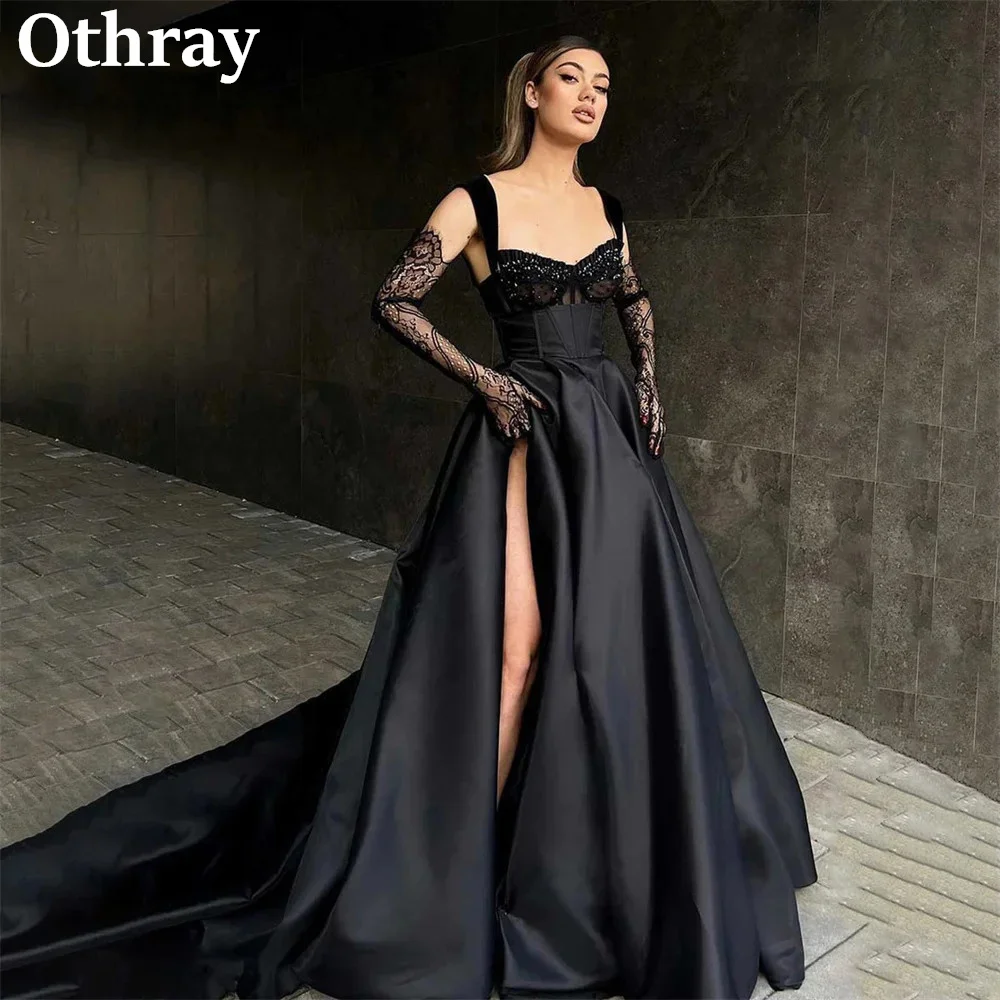 Фото Othray Черные атласные вечерние платья Кружева с бисером Сексуальные длинные платья для выпускного вечера с высоким разрезом Met Gala Party Robe Vestido De Noche №4