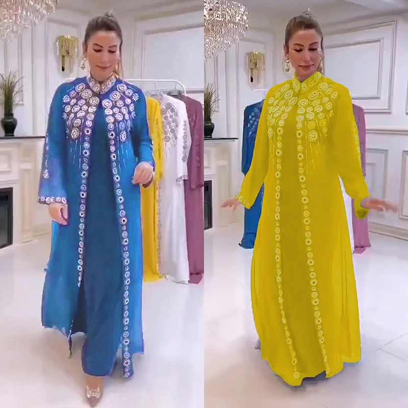 

African Dresses for Women Traditional Clothing Set Nigeria Robe Chiffon Diamond Caftan Abaya Musulman Dress Dashiki Kaftan 2pcs