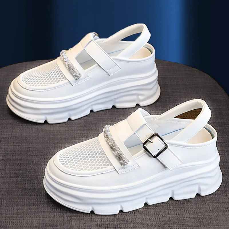 Designer Rhinestone Sports Sandals Sneaker Women Summer Shoes 2023 Genuine Leather Platform Sandal Hollow Mesh Slides Flip Flops