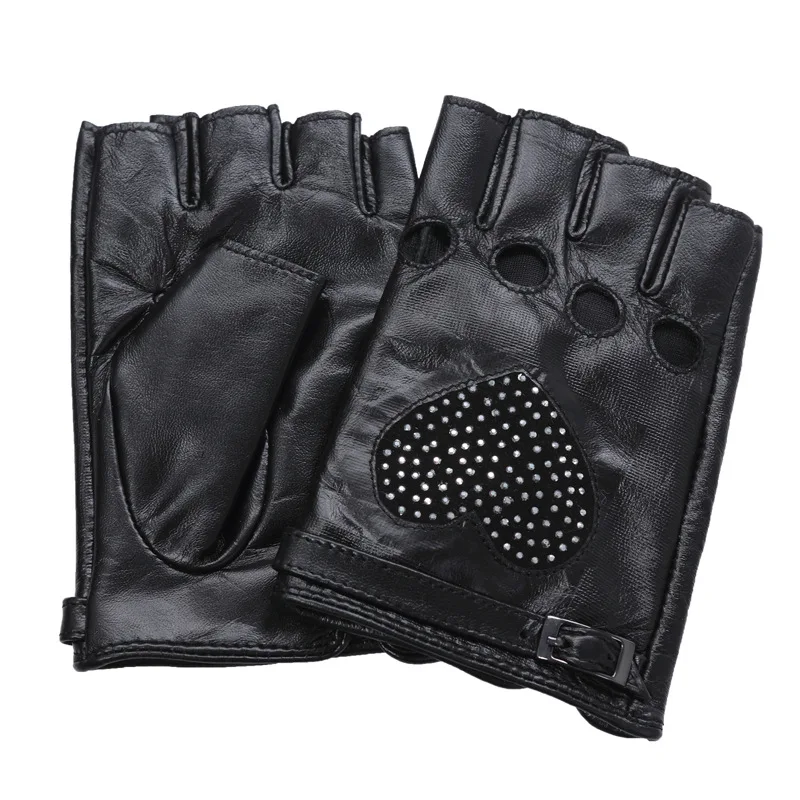 Women Rhinestone Decoration Genuine Leather Gloves Half Finger Lady Fashion Motor Driving Gloves Sheepskin Fingerless AGD518