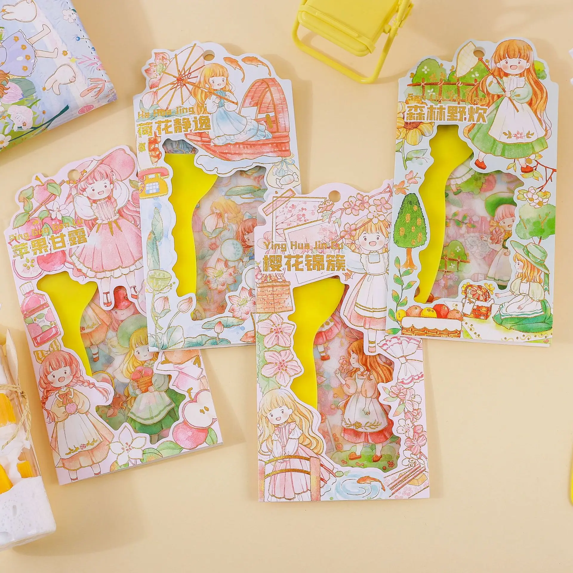 

4pcs Account stickers cute forest girl series with shovel flat card bronzing cartoon stickers custom japanese stickers