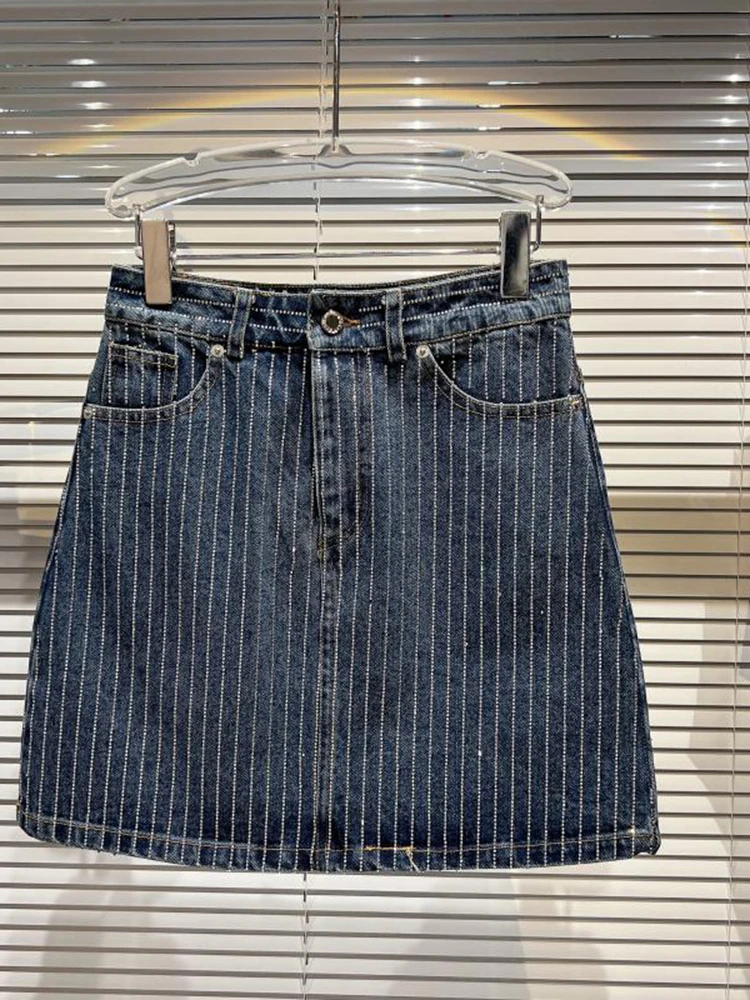 

HIGH STREET New Fashion 2022 Runway Designer Skirt Women's Vertical Bar Diamonds Beaded Straight Denim Skirt
