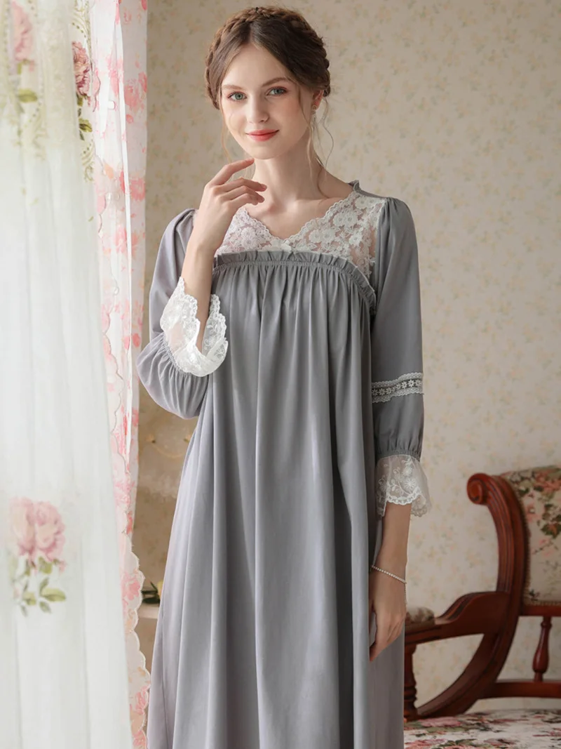 Women Pure Cotton Lace Ruffles Princess Nightgowns Robe V-Neck Long Victorian Romantic Vintage Sleepwear Nightdress Homewear