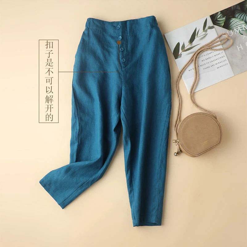 

2022 Spring Summer New Arts Style Women Elastic Waist Loose Ankle-length Pants Solid Cotton Linen Casual Harem Pants V867