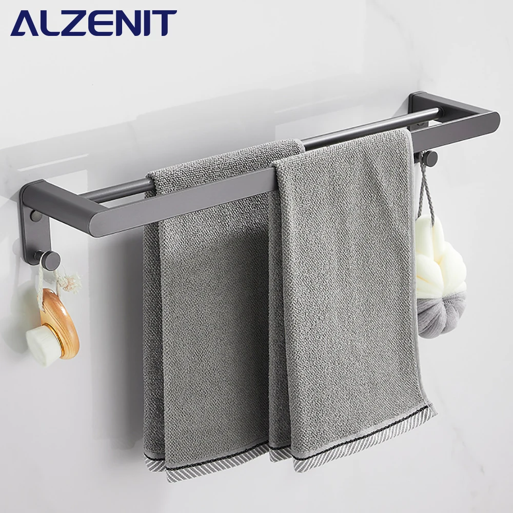 Bar Gun Gray 40-60cm Double Rod With Hook Wall Mount Shelf Shower Rail Hanger Rack Bathroom Holder Accessories