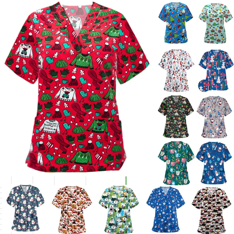 

Christmas Women Nursing Scrubs T Shirt Tops Casual Short Sleeve V-neck Pocket Women Scrubs Uniforms Women Nursing Clothes