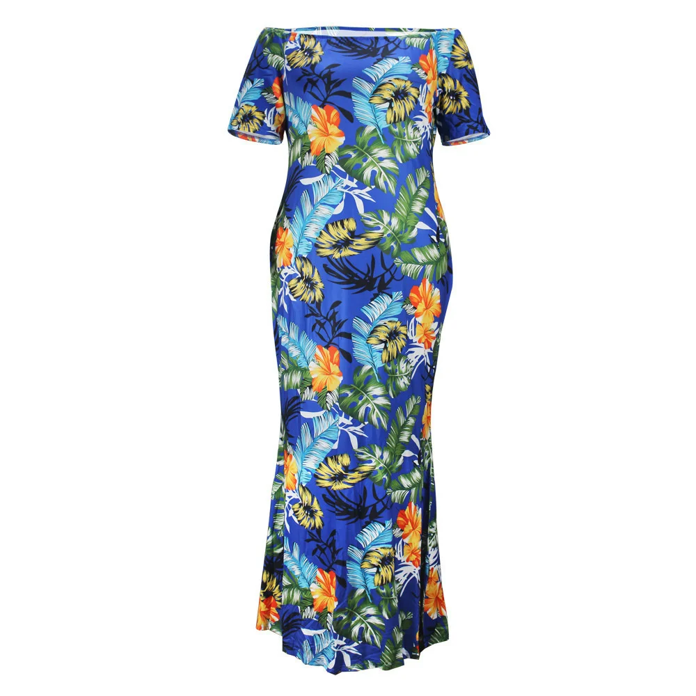 Plus Size New Women's Dress Fashion Bra Off The Shoulder Mop Dress Flower Leaf Print Long Dress Slim Fit Evening Maxi Dress