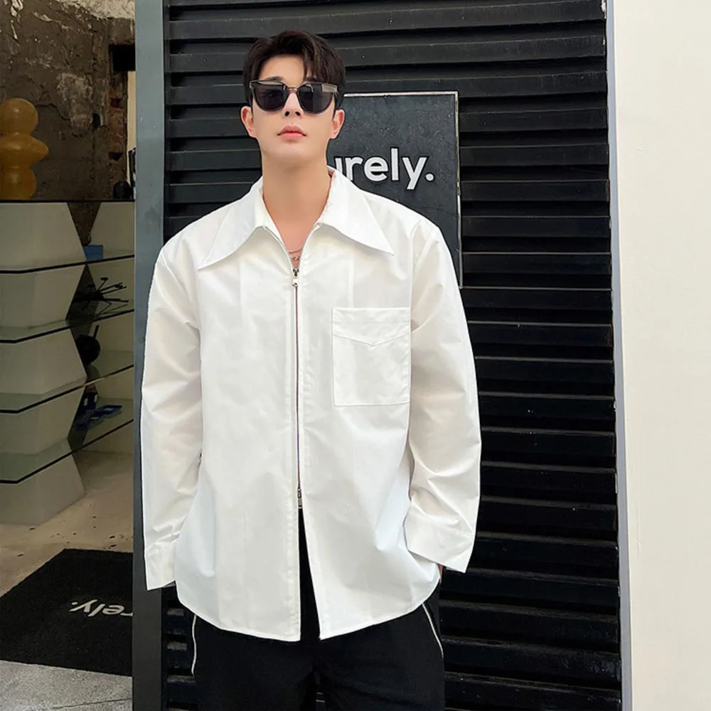 

Men Trendy Fashion Zipper Loose Casual Long Sleeve Shirt Cardigan Male Japan Korean Streetwear Vintage Black White Shirts Tops