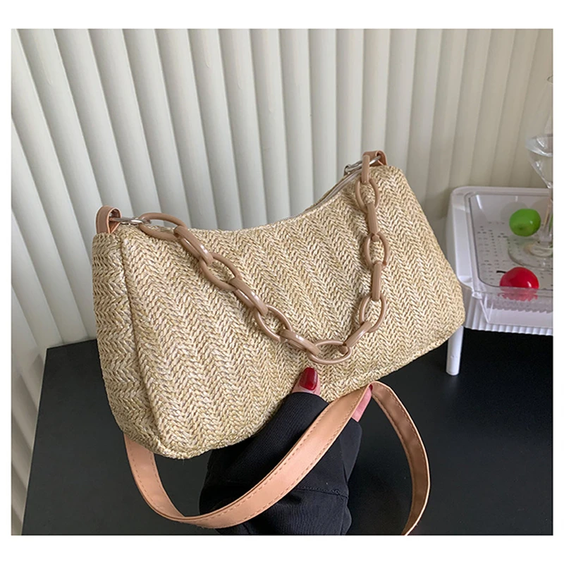 

Fashion Women Straw Woven Shoulder Crossbody Messenger Bag Casual Ladies Summer Beach Vacation Chain Small Handbags Purse
