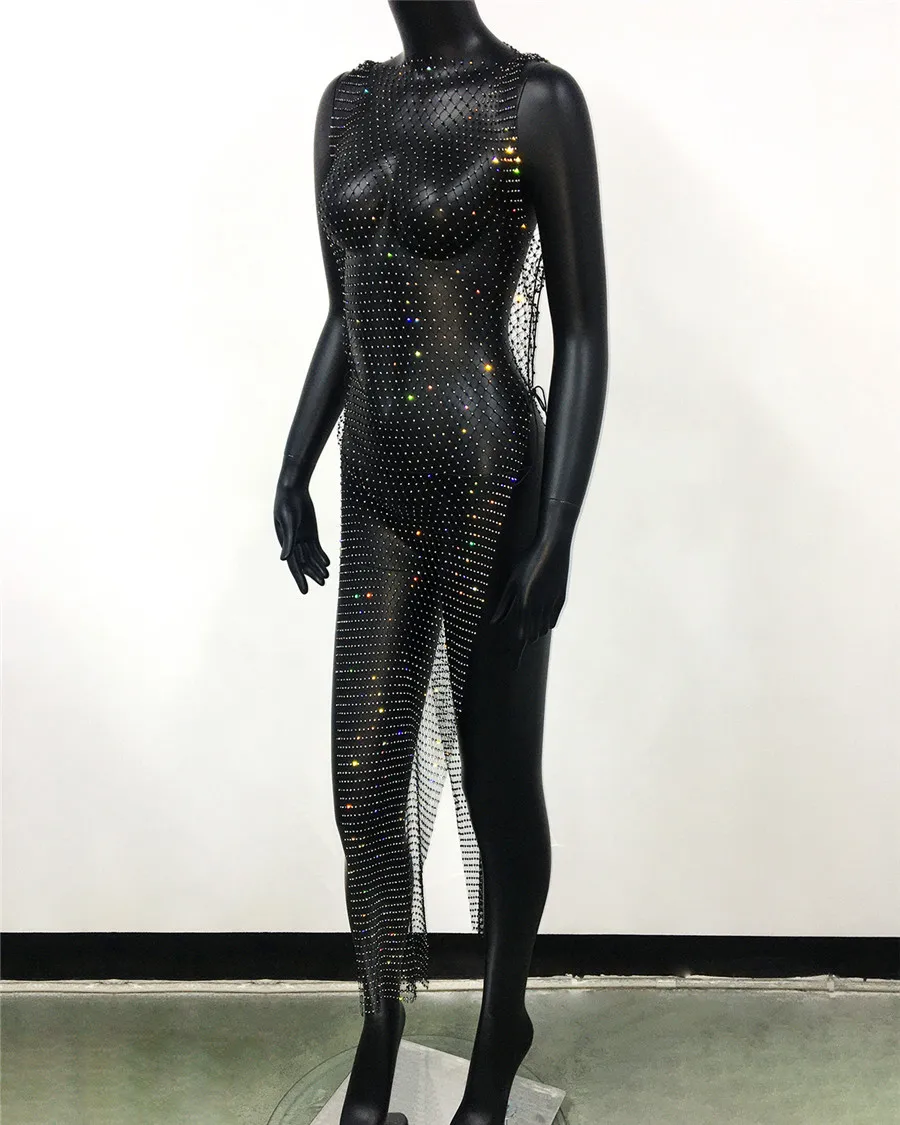 Длинное платье в сеточку с блестками и стразами сексуальное прозрачное сетчатое