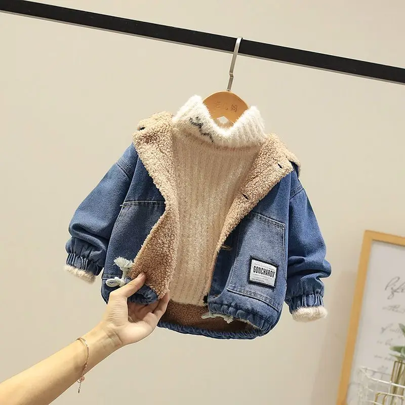 

Autumn Winter Children's Baby Jacket 2023 New Korean Edition Boys' Casual Hooded Denim Coat Girl Thickened Top