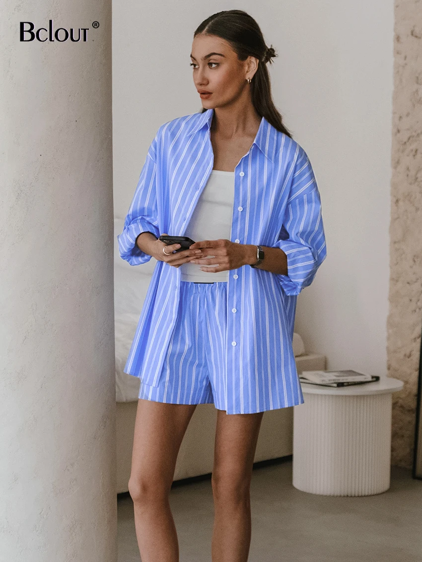 

Bclout Fashion Blue Striped Shorts Sets 2 Pieces Women Elegant Office Long Sleeve Loose Shirts Casual Sexy Wide Leg Shorts Suits