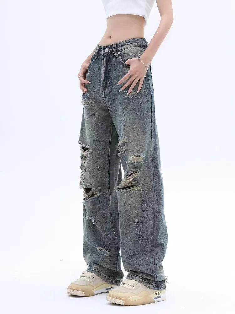 ADAgirl 90s Streetwear Vintage Hollow Out Women Jeans Y2k Baggy Fashion Causal Female Denim Pants HIp Hop High Waist Trousers