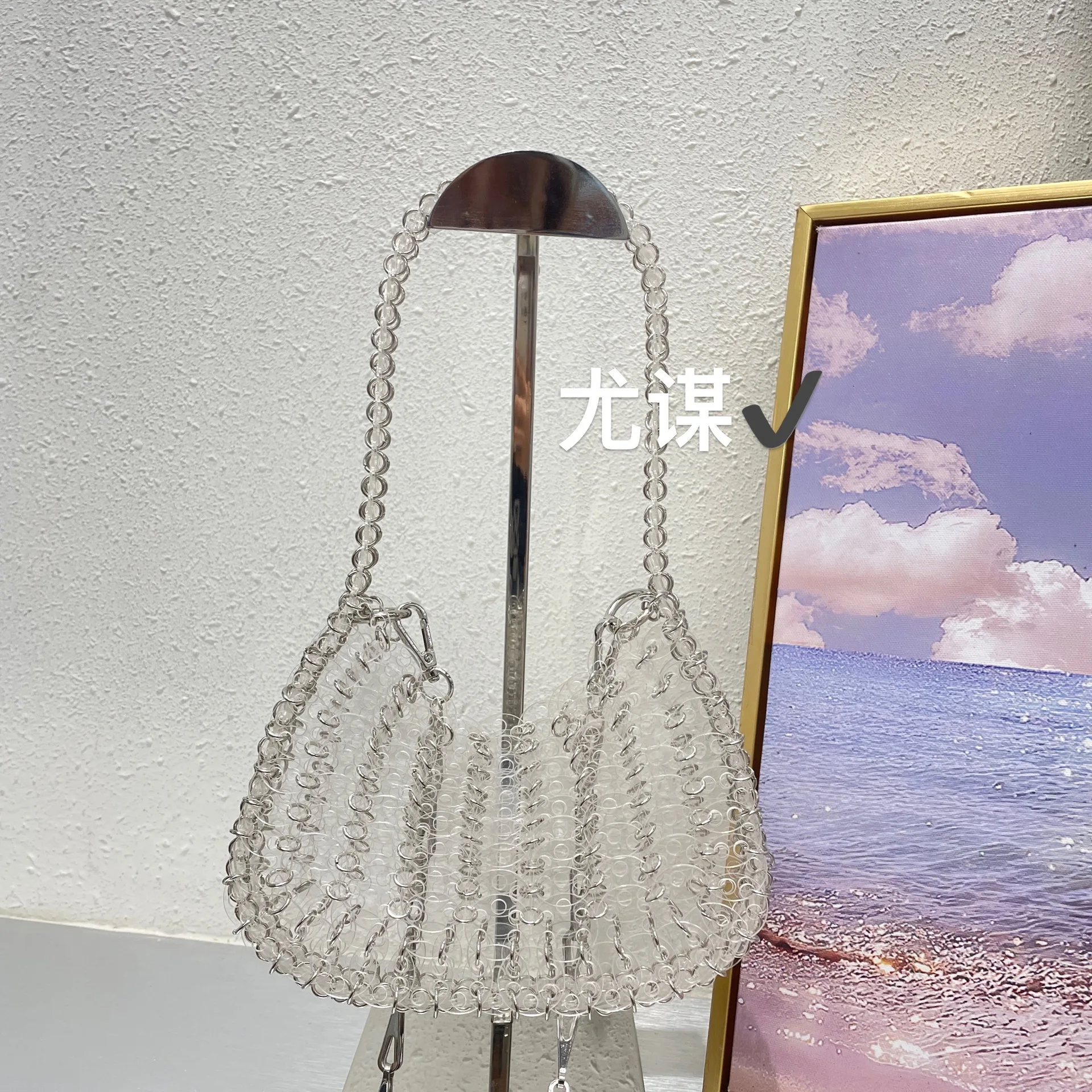 

Women Bags Fashion Transparent Hand Woven Sequins Bag Brand Designer Texture Lady Mobile Phone Bag Chains Shoulder Totes Bags