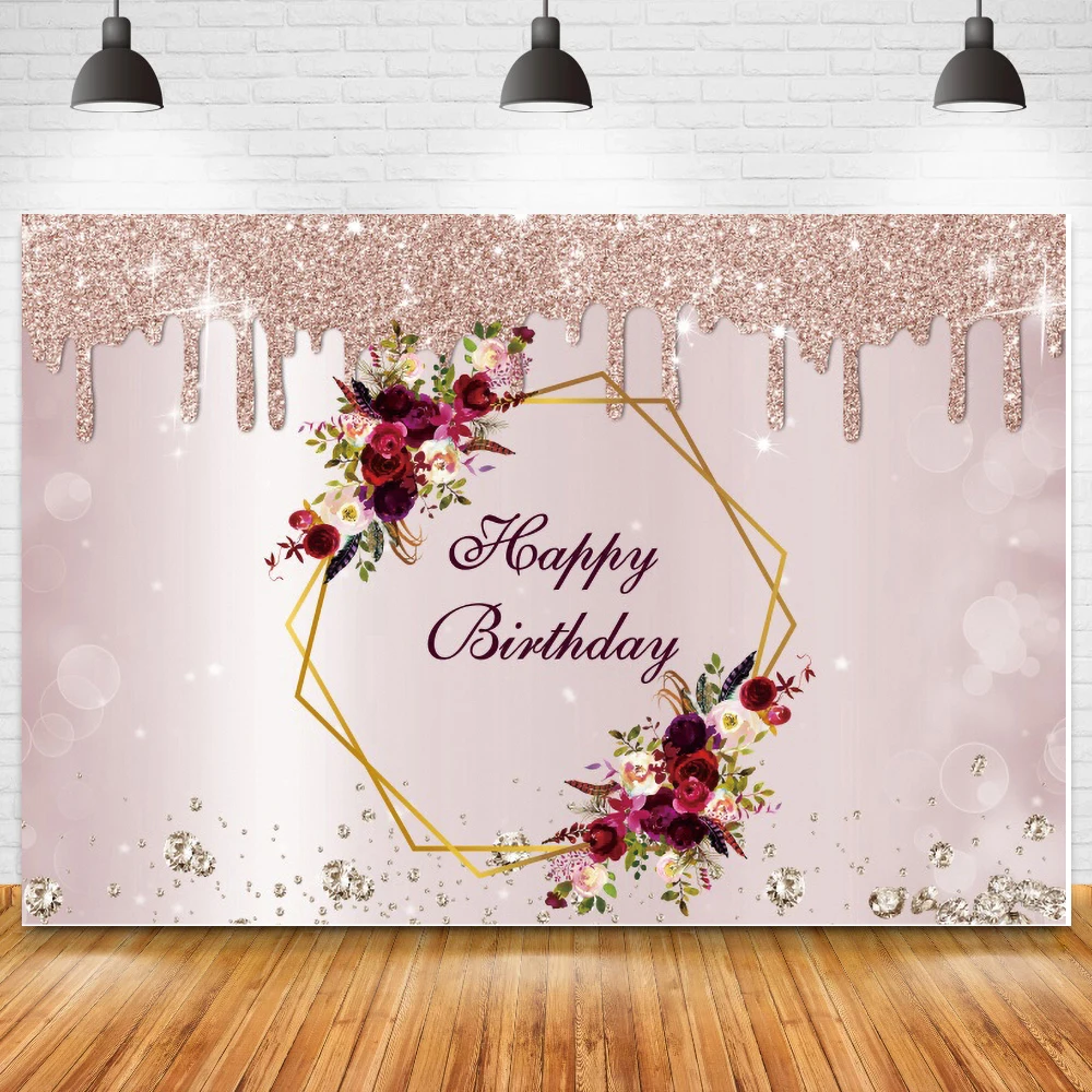 

Happy Birthday Women Party Backdrops Sweet 15 16 Girl Pink Glitter Floral Frame Background Photography Table Decor Vinyl Poster